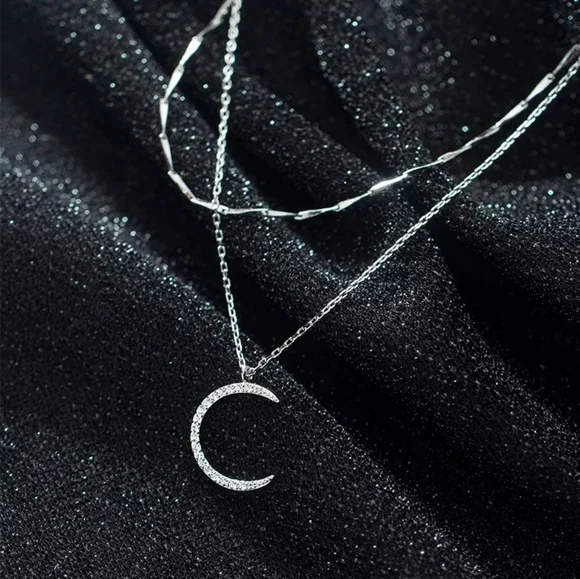 NEW | Crescent Moon Multi Layer Pave Diamond Necklace - Picture 1 of 15